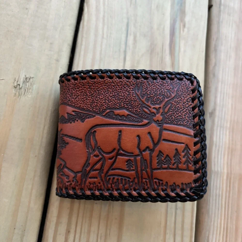 Vintage Leather Wallet Bi-fold Hand Tooled Deer Mountains Nature Whipstitch USA